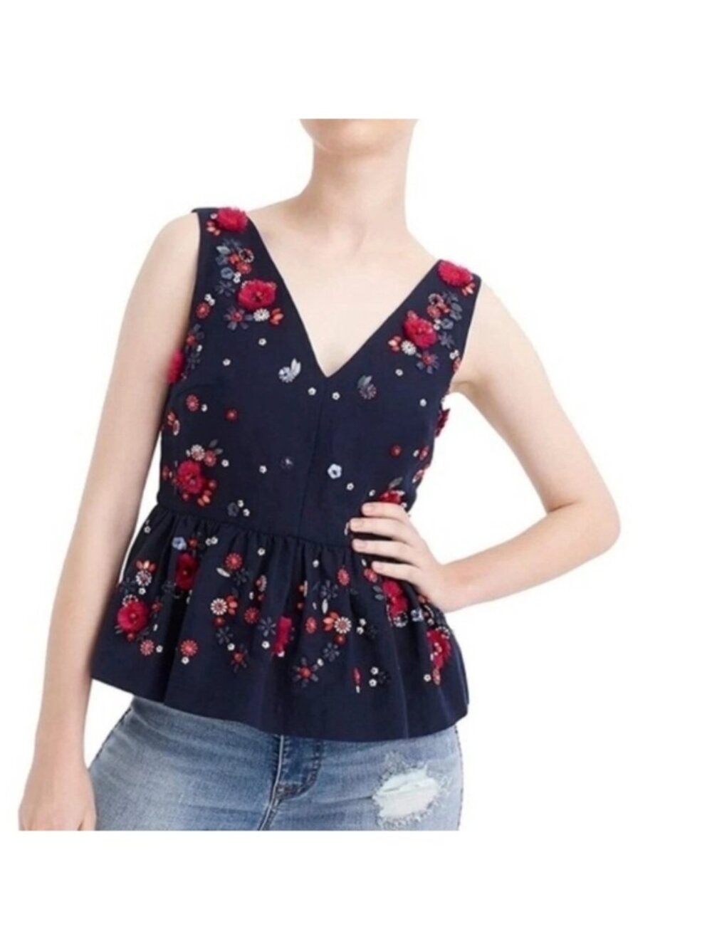 J.Crew Women Peplum Top Linen Cotton Ruffle Hem Embellished Sleeveless